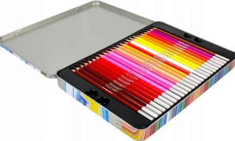 48x KOLORÓW KREDKI TRÓJKĄTNE W OPRAWIE DREWNIANEJ PREMIUM METALOWE PUDEŁKO