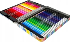 48x KOLORÓW KREDKI TRÓJKĄTNE W OPRAWIE DREWNIANEJ PREMIUM METALOWE PUDEŁKO