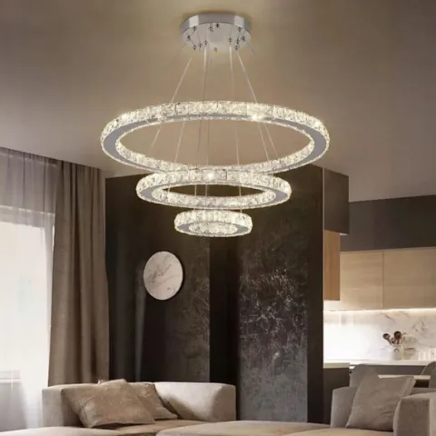 ŻYRANDOL KRYSZTAŁOWY 3 RING LUSTRZANY SALONU LAMPA WISZĄCA SUFITOWA CIEPŁY