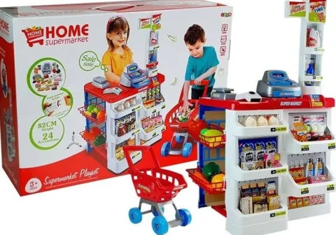 Zabawkowy Market z Wózkiem Kasa Fiskalna Skaner Artykuły Spożywcze Zakupy