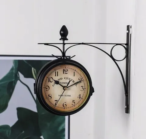 ZEGAR DWUSTRONNY ŚCIENNY RETRO METALOWY CZARNY VINTAGE DESIGN 24CM