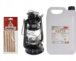 Zestaw: Lampa naftowa czarna, knoty, nafta 5 l