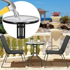 ZESTAW MEBLI OGRODOWYCH NA BALKON WODOODPORNY STOLIK + 2 KRZESŁA CZARNY
