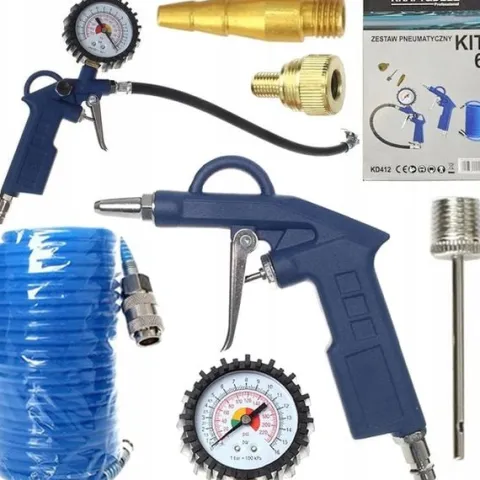 ZESTAW PNEUMATYCZNY PISTOLET MANOMETR WĄŻ DYSZE 6w1 do KOMPRESORA SPRĘŻARKI