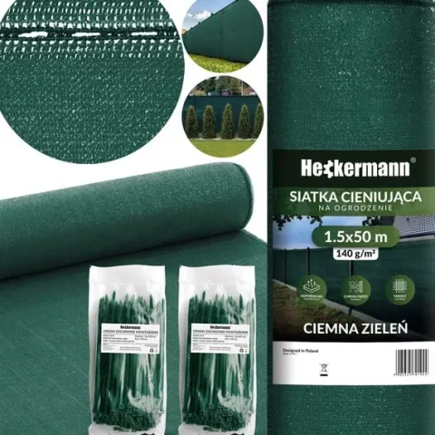 Zestaw Siatka Cieniująca 1,5X50M Heckermann - Zielona + 2X Opaski Zaciskowe Heckermann 100Szt - Zielone