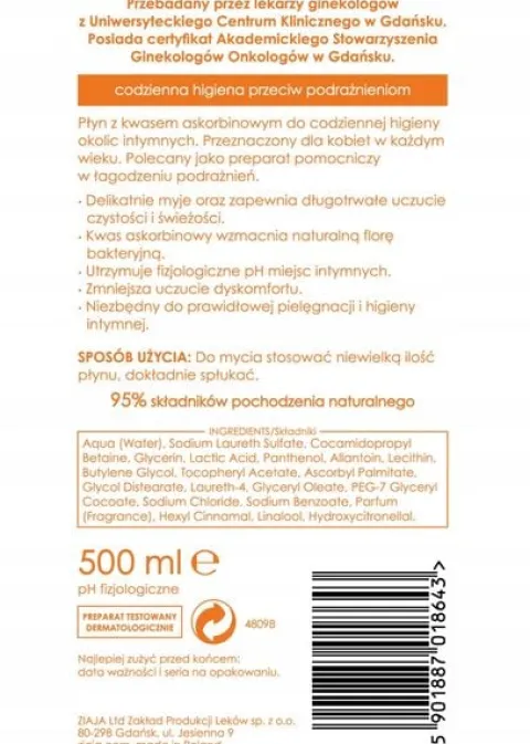 ZIAJA INTIMA PŁYN DO HIGIENY INTYMNEJ Z KWASEM ASKORBINOWYM 500 ML
