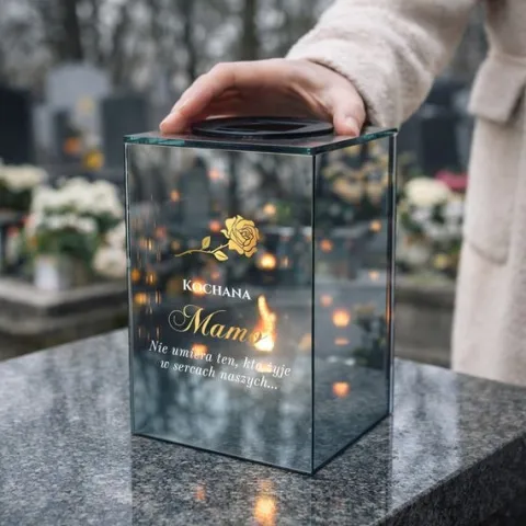Znicz Lustrzany Lampion Solarny 3D z Grawerem Elegancki Ciepłe Światło